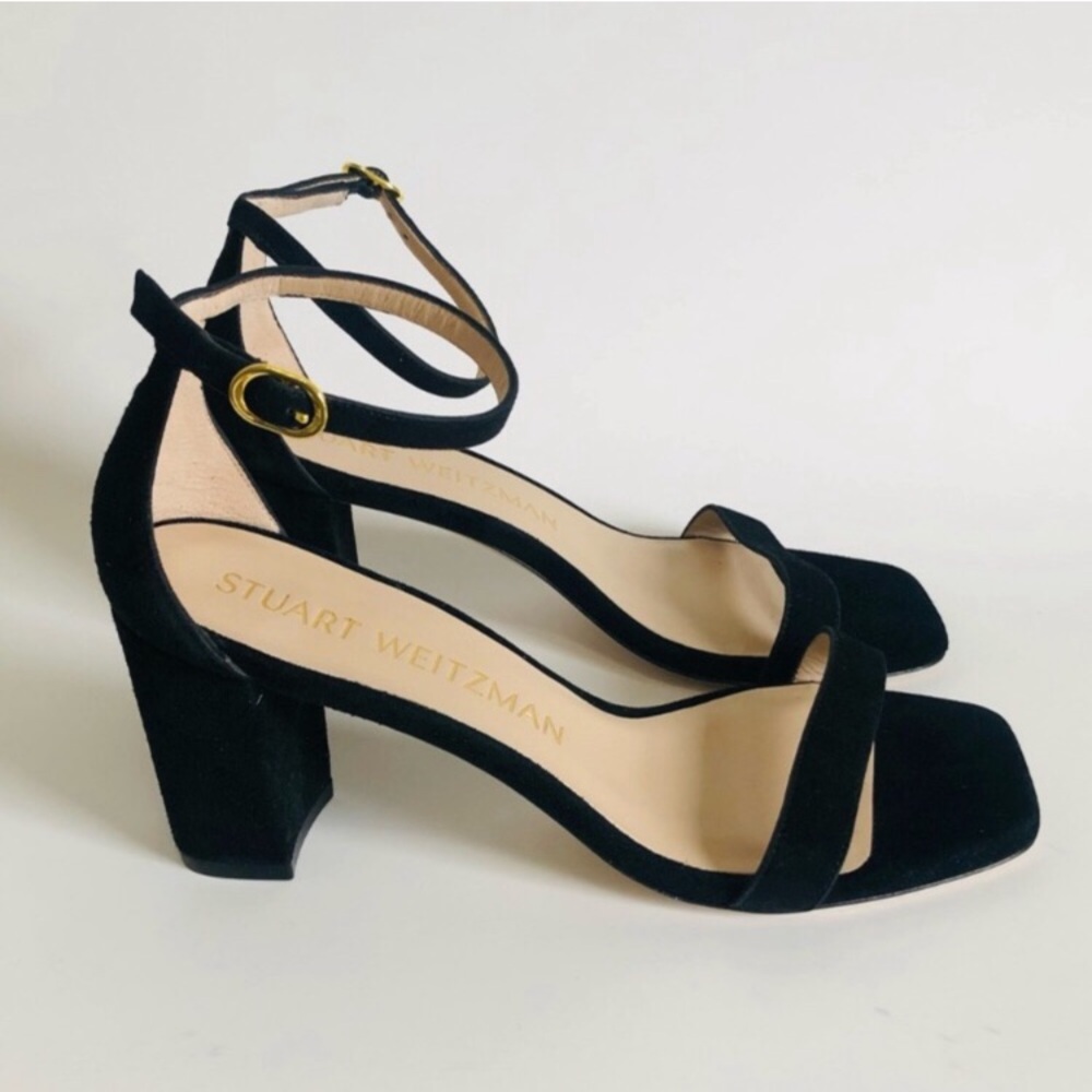 Stuart Weitzman Nudistcurve Black Suede Leather Block Heel Sandals